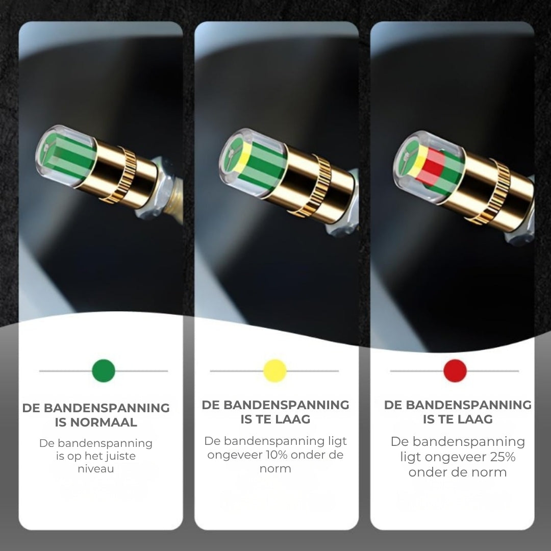 Bandenspanning waarschuwingsdopjes in drie kleuren
