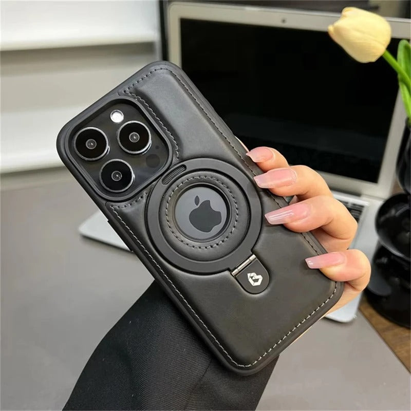 Luxe lederen iPhone-hoesje met ingebouwde standaard